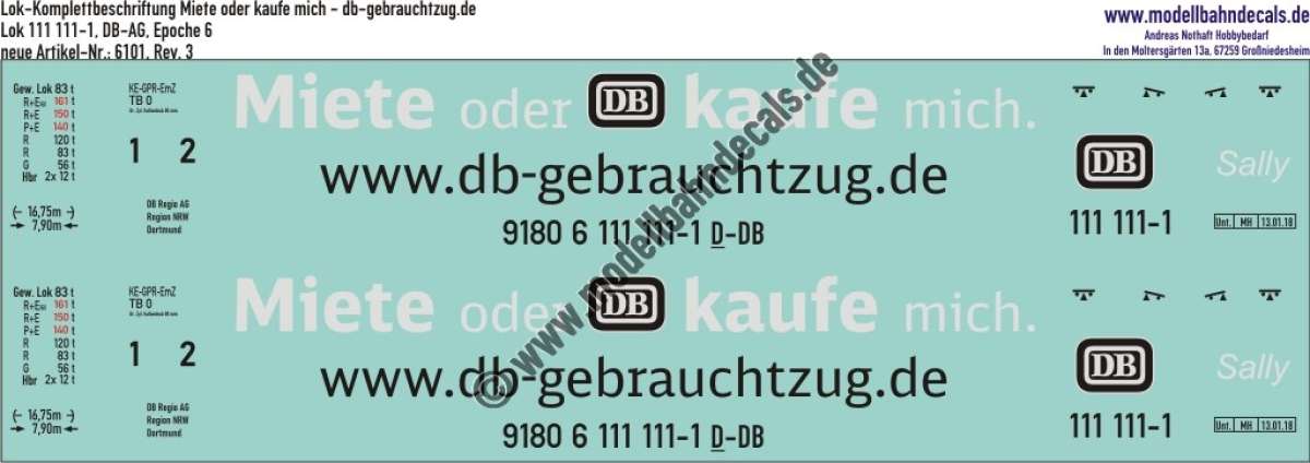 Nass-Schiebebilder: Lok-Komplettbeschriftung Miete oder Kaufe mich - DB Lok 111 111-1 - Taufname Sally, Epoche 6. Artikel-Nummer: 6101